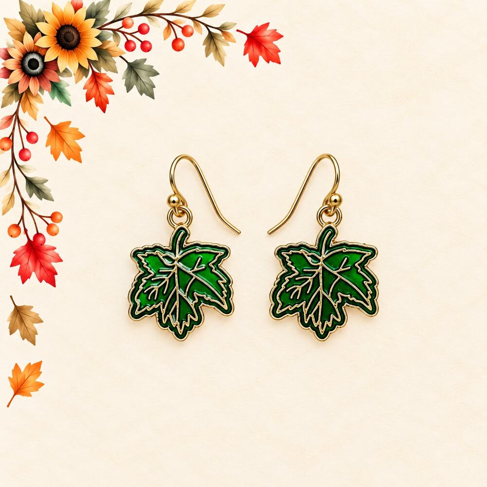 Green Maple Leaf Dangle Earrings Gold Tone Enamel Nature Jewelry E554